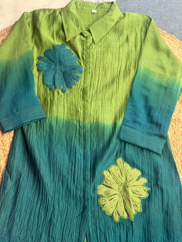 Dual-Tone Ombre Lime Green & Teal Co-Ord Set - Floral Appliqué Shirt Kurti & Trousers ✨🌿💙