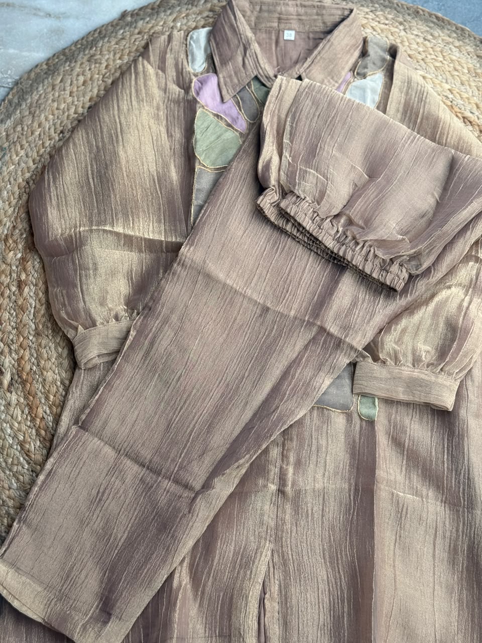 Muted Bronze Silk Mosaic Patchwork Co-Ord Set - Shirt Tunic & Trousers ✨🥂