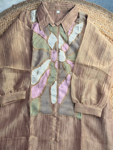 Muted Bronze Silk Mosaic Patchwork Co-Ord Set - Shirt Tunic & Trousers ✨🥂